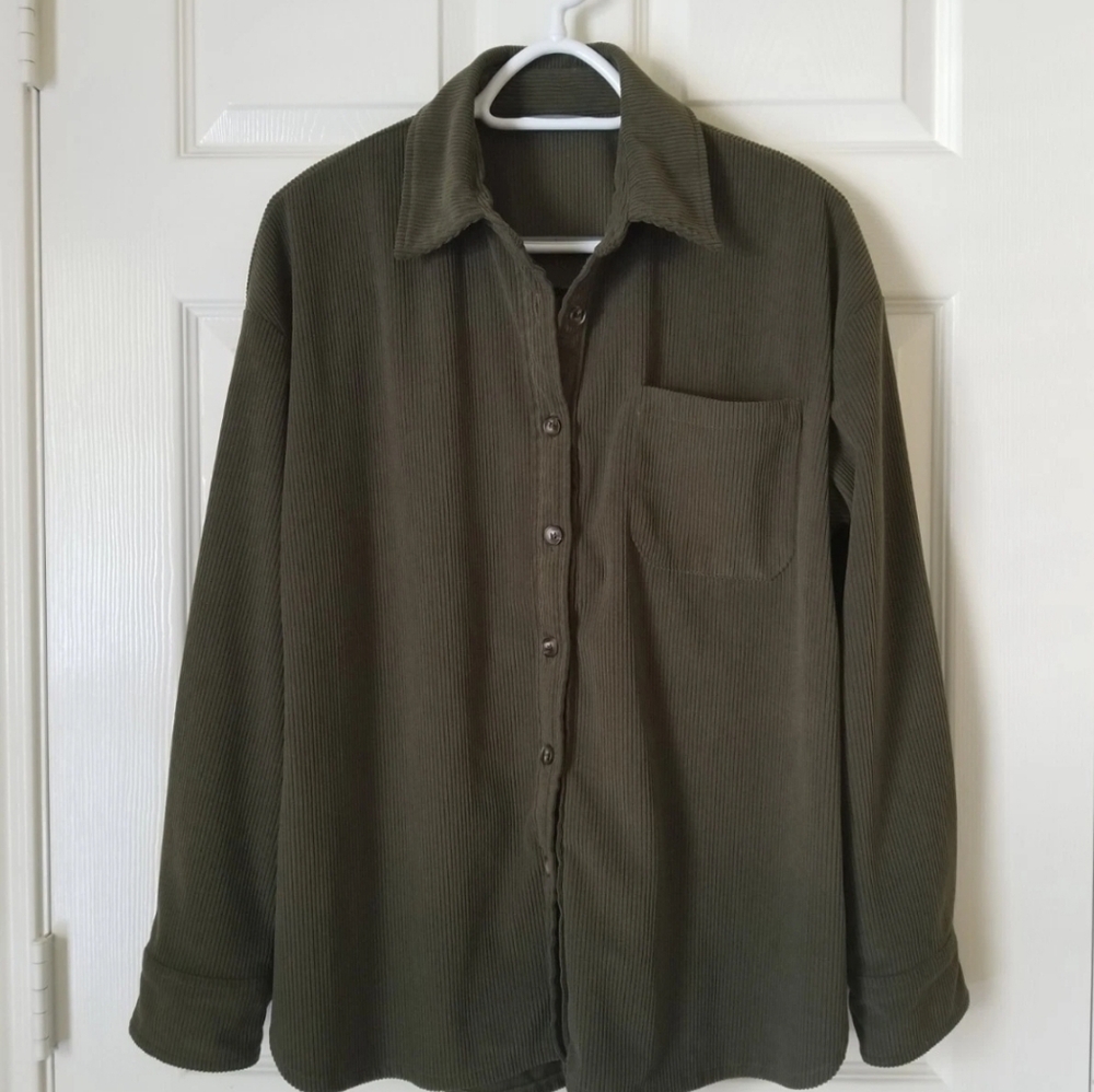 Army Green Corduroy Button-Down Loose Fit Shirt Collared Shacket Women's Size M